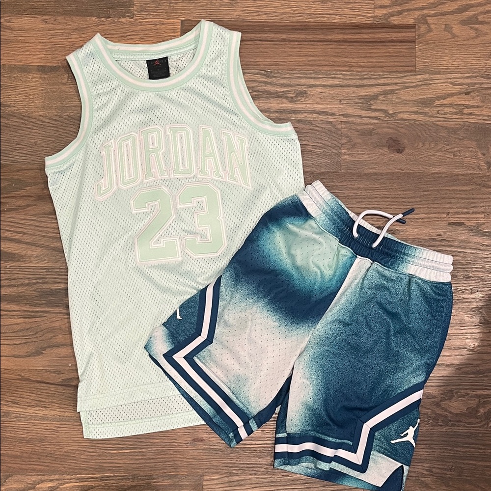 Jordan Kids Light Green Jersey and Blue Gradient Shorts